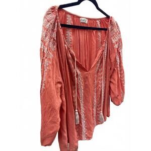 Women's  Deep V-neck Embroidered Boho Blouse in Dusty Orange w  Tassel Tie XL